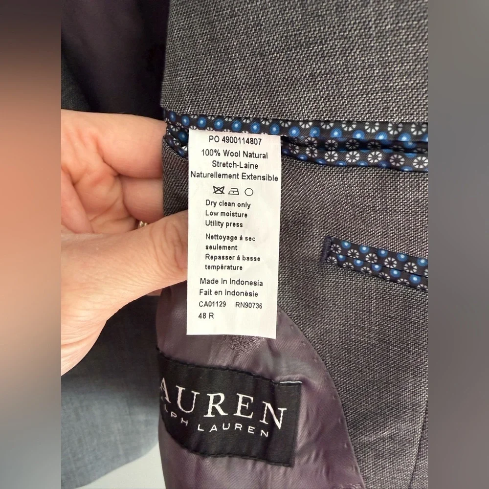 Lauren Ralph Lauren Mens Grey Two Button Wool Suit Jacket Blazer SZ 48R Preppy